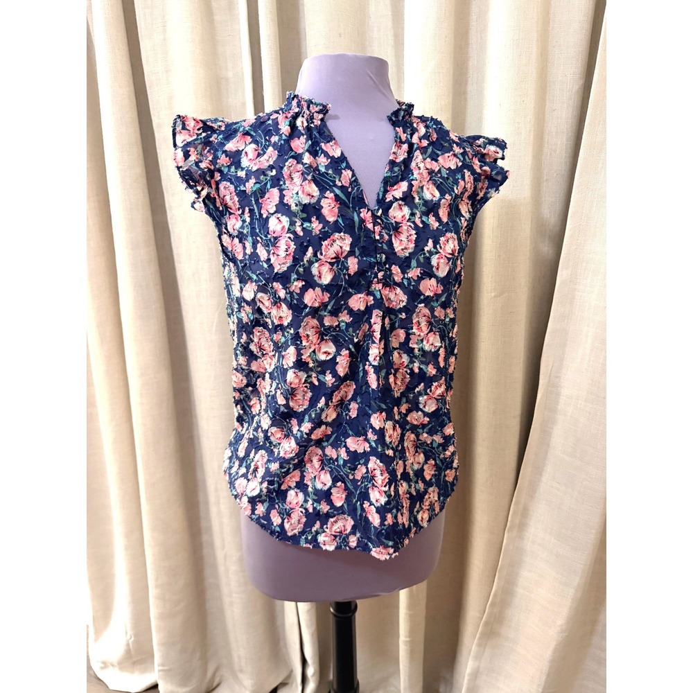 Maison d'Amélie Womens Floral Flutter Sleeve Blouse Small Blue Pink Sheer